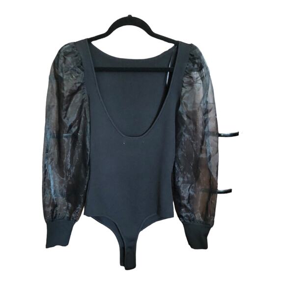 Astr The Label NWT SemiSheer Organza Sleeve Black Chic Bodysuit Large - Picture 1 of 10